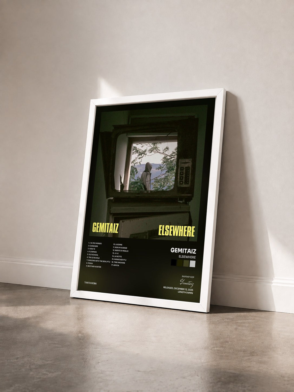 #blanc Tableau de l'album ELSEWHERE de Gemitaiz vu de trois quarts, cadre blanc