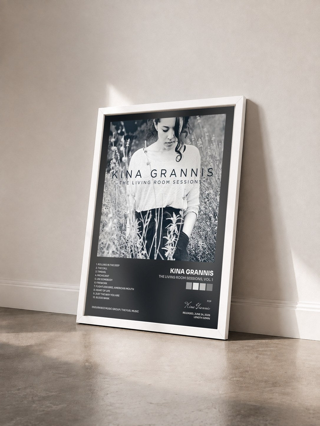 #blanc Tableau de l'album The Living Room Sessions, Vol. 1 de Kina Grannis vu de trois quarts, cadre blanc