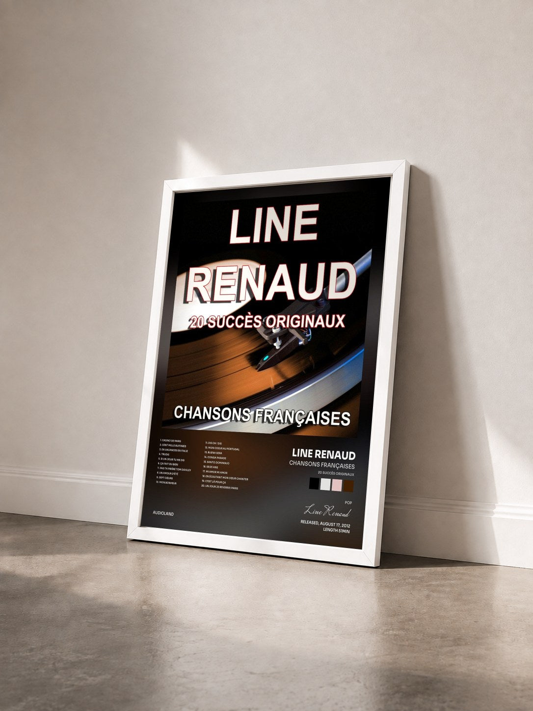#blanc Tableau de l'album Chansons françaises (20 succès originaux) de Line Renaud vu de trois quarts, cadre blanc