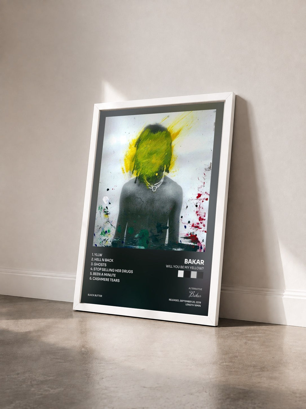 #blanc Tableau de l'album Will You Be My Yellow? de Bakar vu de trois quarts, cadre blanc
