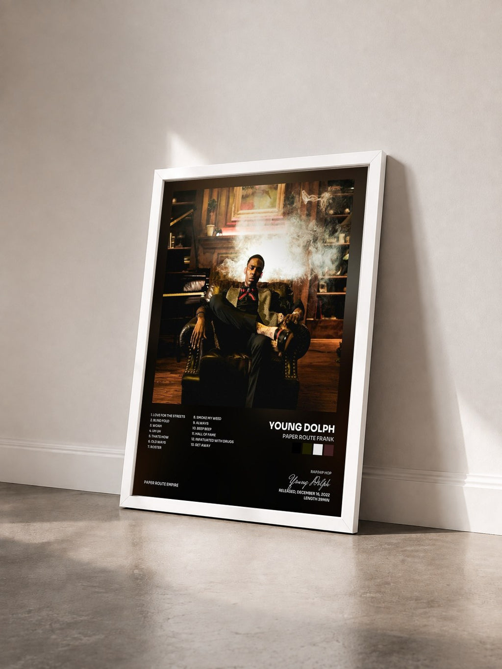 #blanc Tableau de l'album Paper Route Frank de Young Dolph vu de trois quarts, cadre blanc