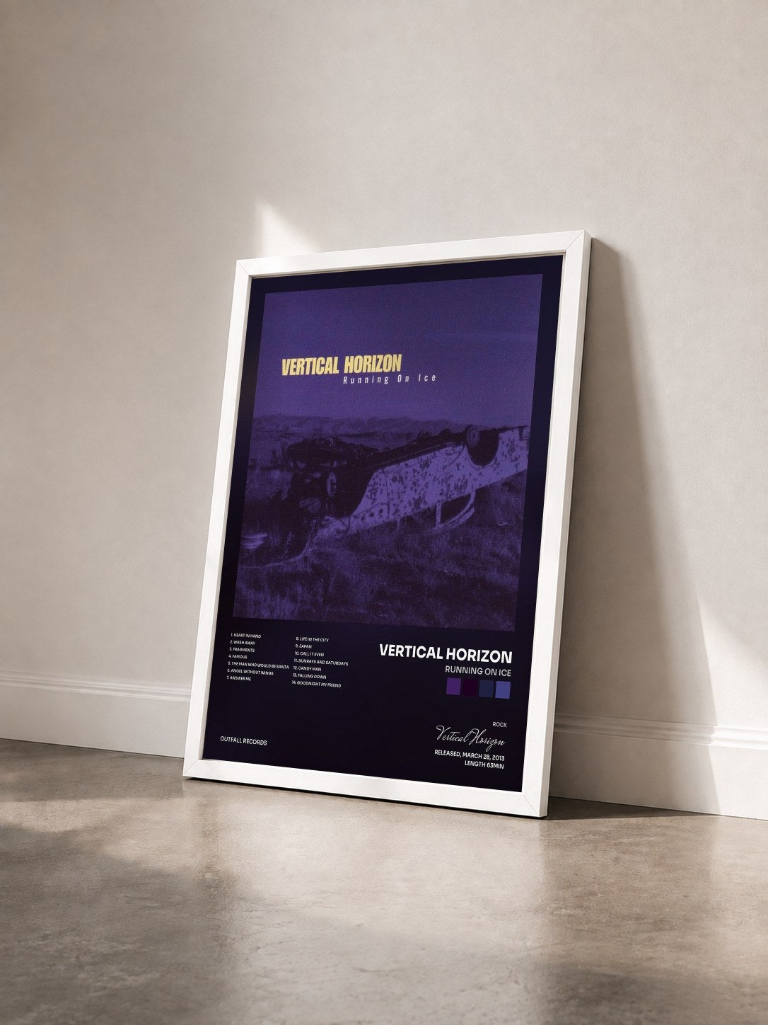#blanc Tableau de l'album Running On Ice de Vertical Horizon vu de trois quarts, cadre blanc