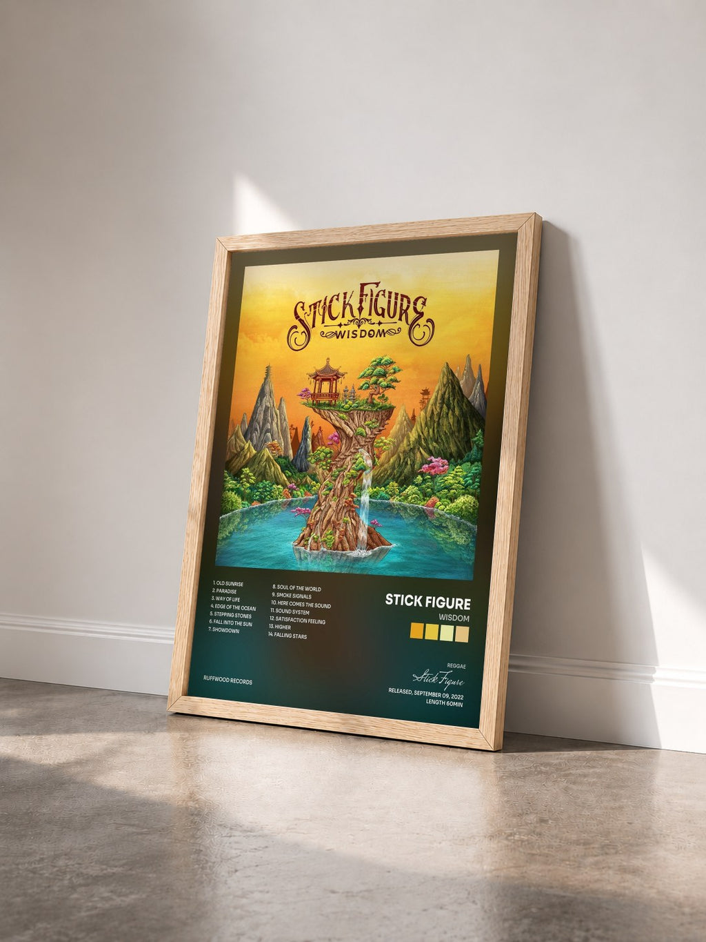 #bois Tableau de l'album Wisdom de Stick Figure vu de trois quarts, cadre en bois brut