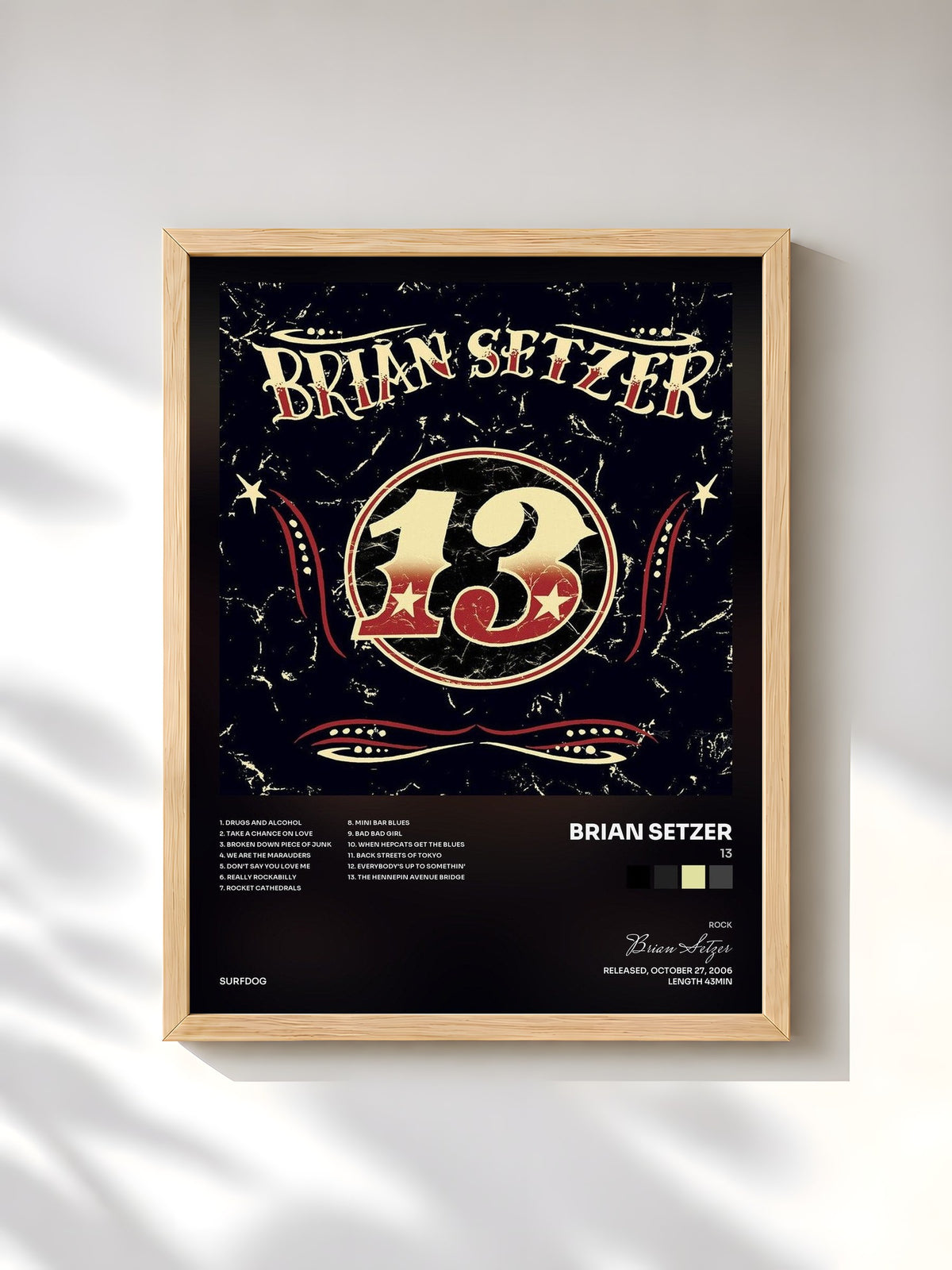 #bois Tableau de l'album 13 de Brian Setzer, cadre en bois brut, imprimé et encadré en France