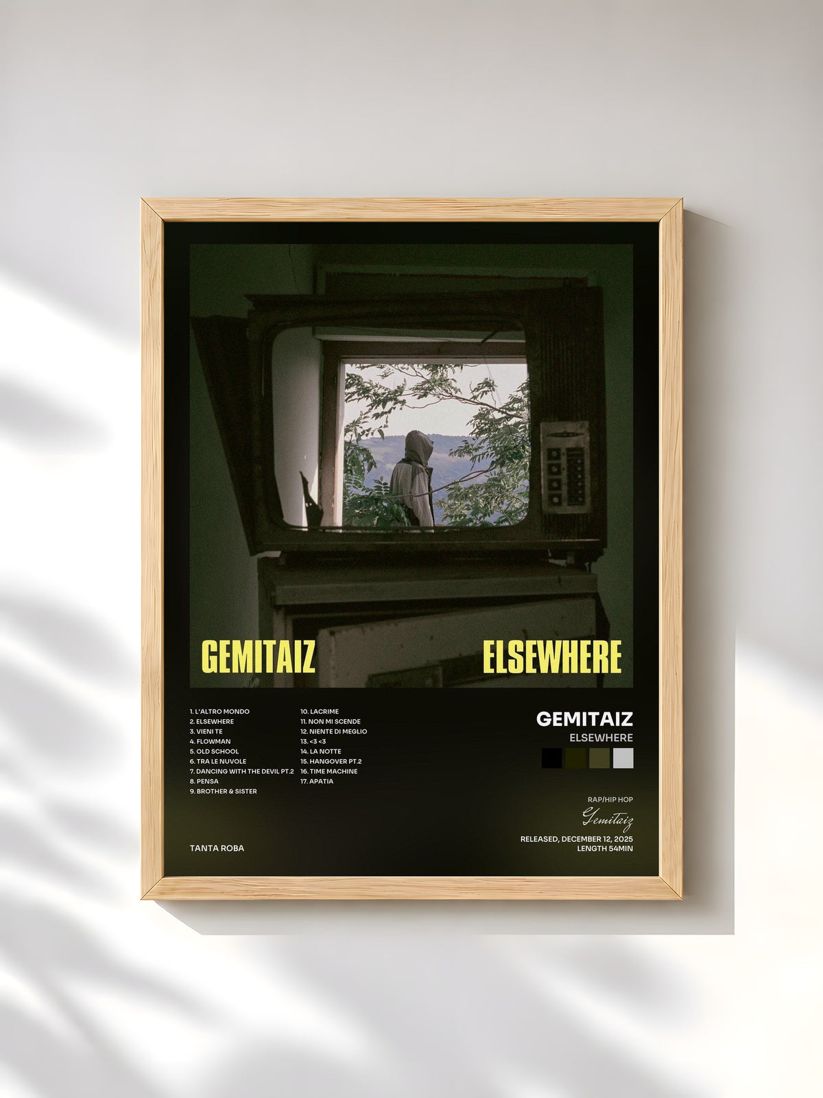 #bois Tableau de l'album ELSEWHERE de Gemitaiz, cadre en bois brut, imprimé et encadré en France