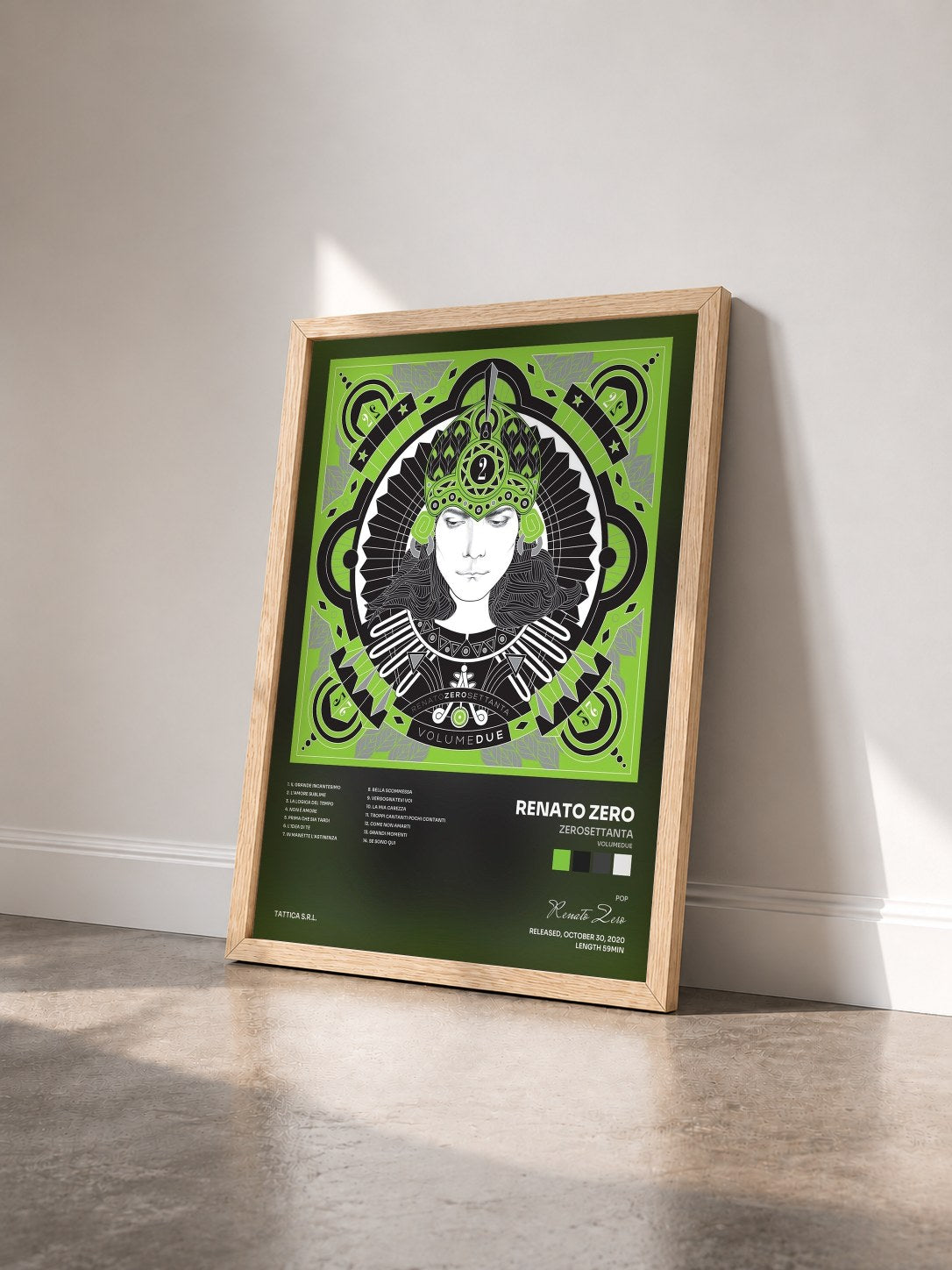 #bois Tableau de l'album Zerosettanta (Volumedue) de Renato Zero vu de trois quarts, cadre en bois brut