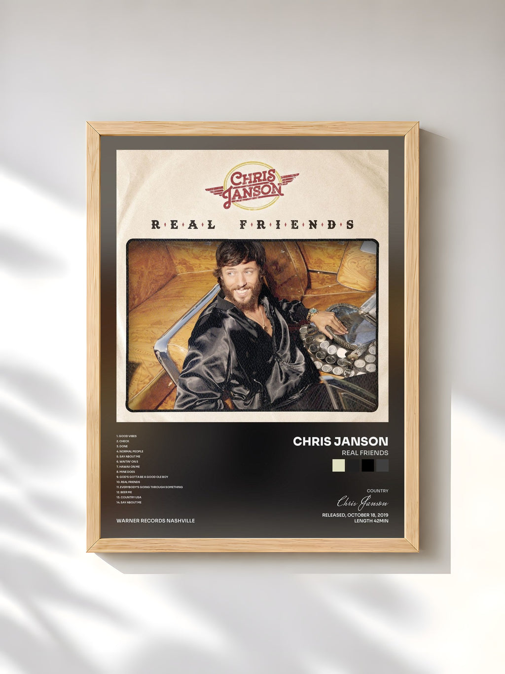 #bois Tableau de l'album Real Friends de Chris Janson, cadre en bois brut, imprimé et encadré en France