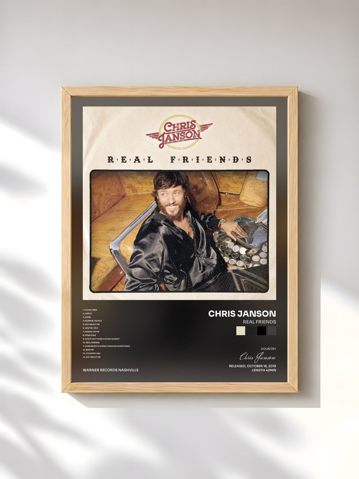 #bois Tableau de l'album Real Friends de Chris Janson, cadre en bois brut, imprimé et encadré en France