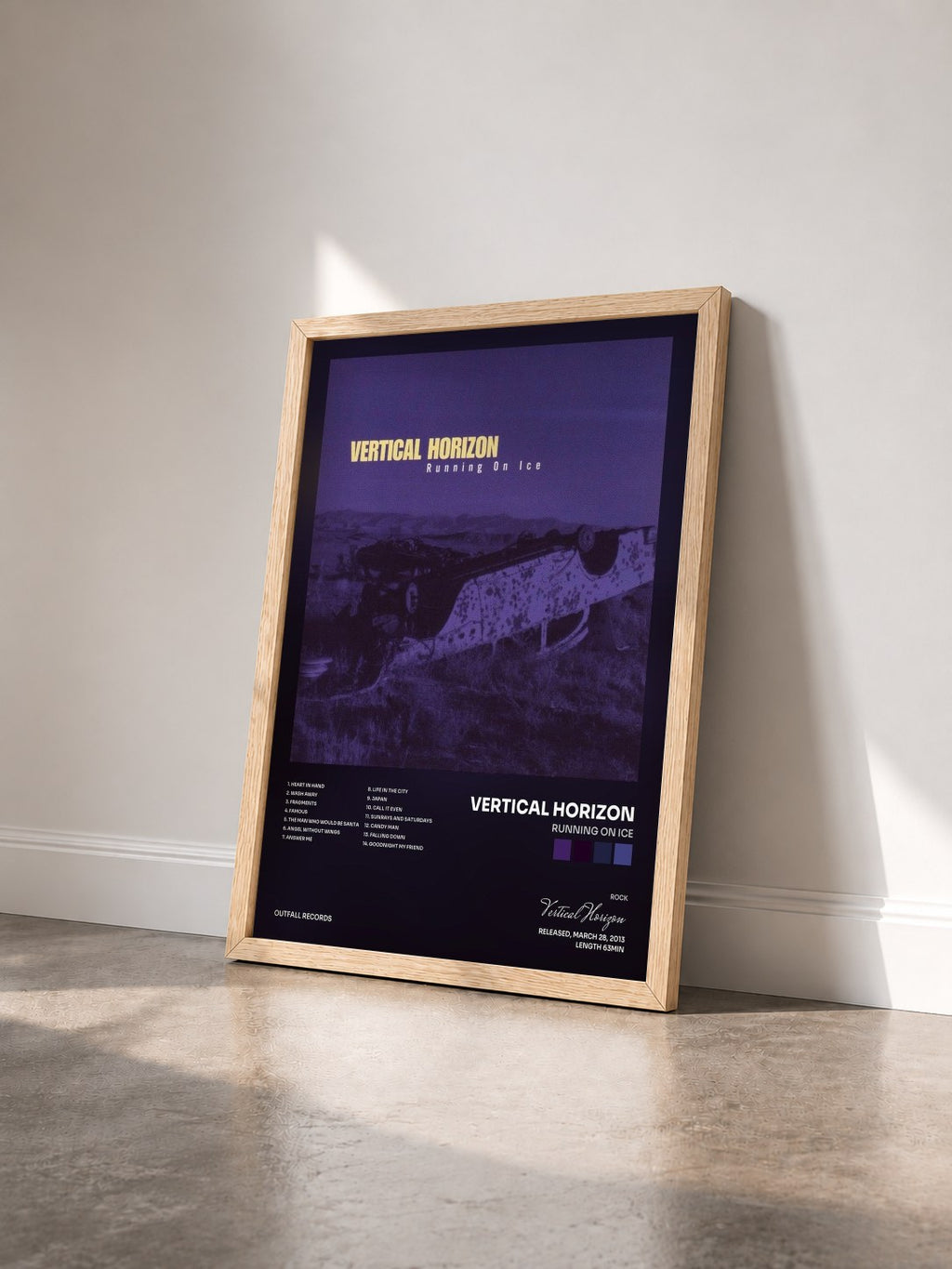 #bois Tableau de l'album Running On Ice de Vertical Horizon vu de trois quarts, cadre en bois brut
