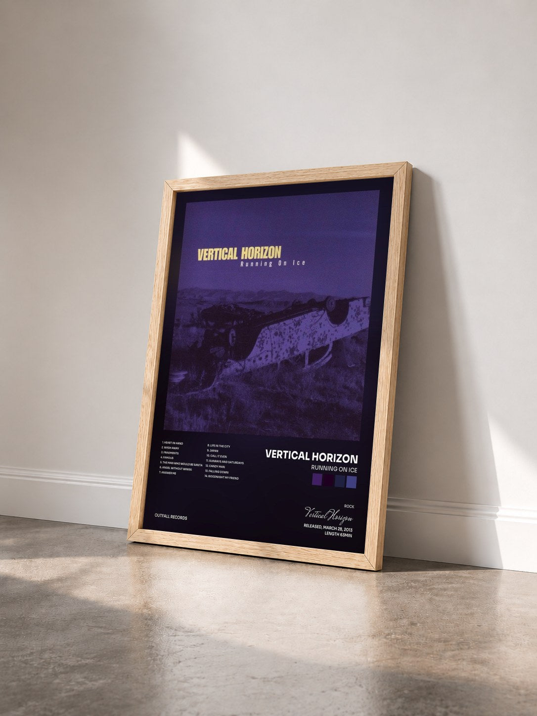 #bois Tableau de l'album Running On Ice de Vertical Horizon vu de trois quarts, cadre en bois brut