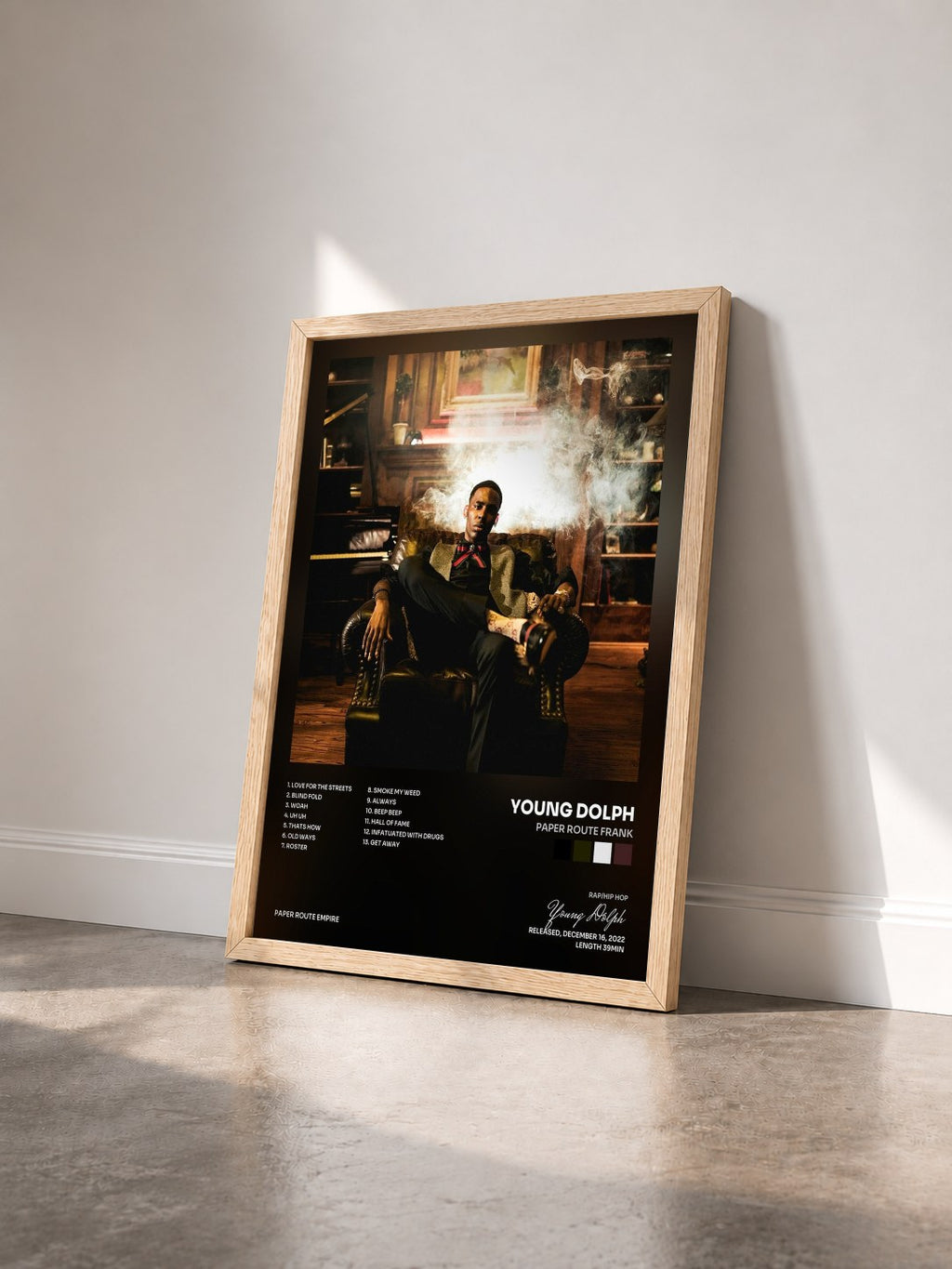 #bois Tableau de l'album Paper Route Frank de Young Dolph vu de trois quarts, cadre en bois brut