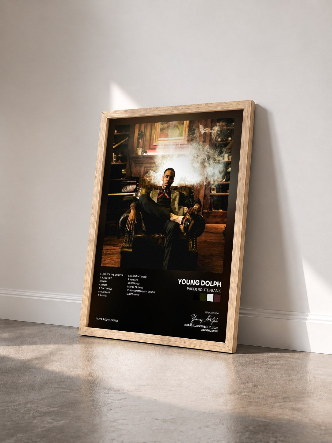 #bois Tableau de l'album Paper Route Frank de Young Dolph vu de trois quarts, cadre en bois brut