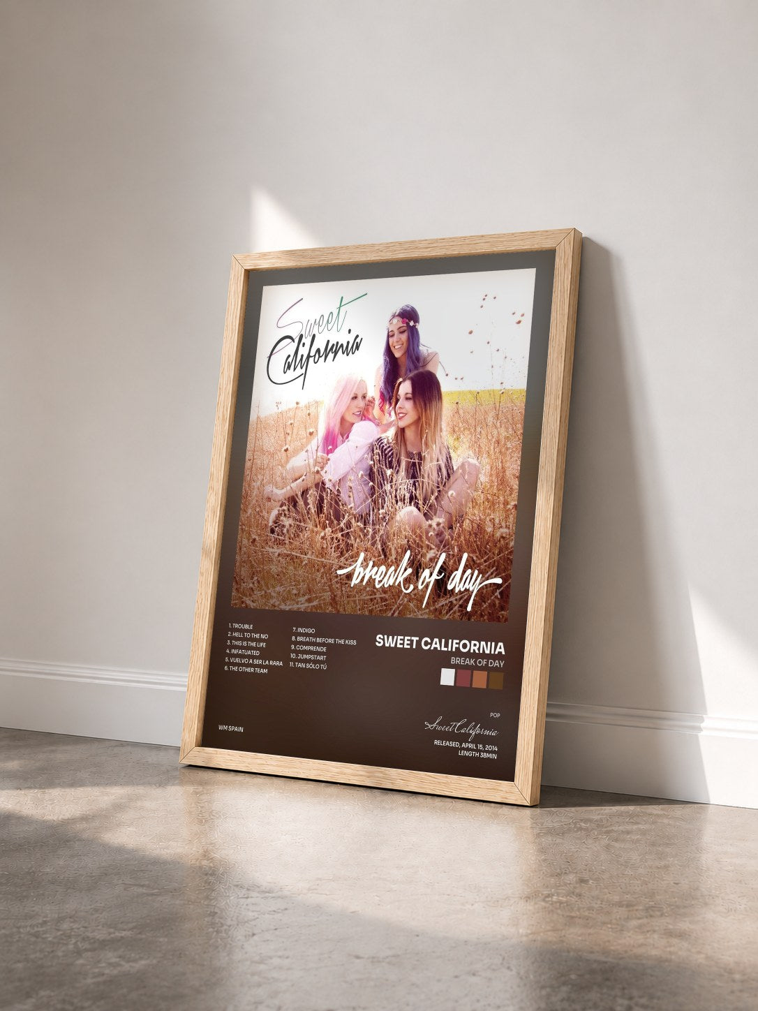 #bois Tableau de l'album Break of Day de Sweet California vu de trois quarts, cadre en bois brut