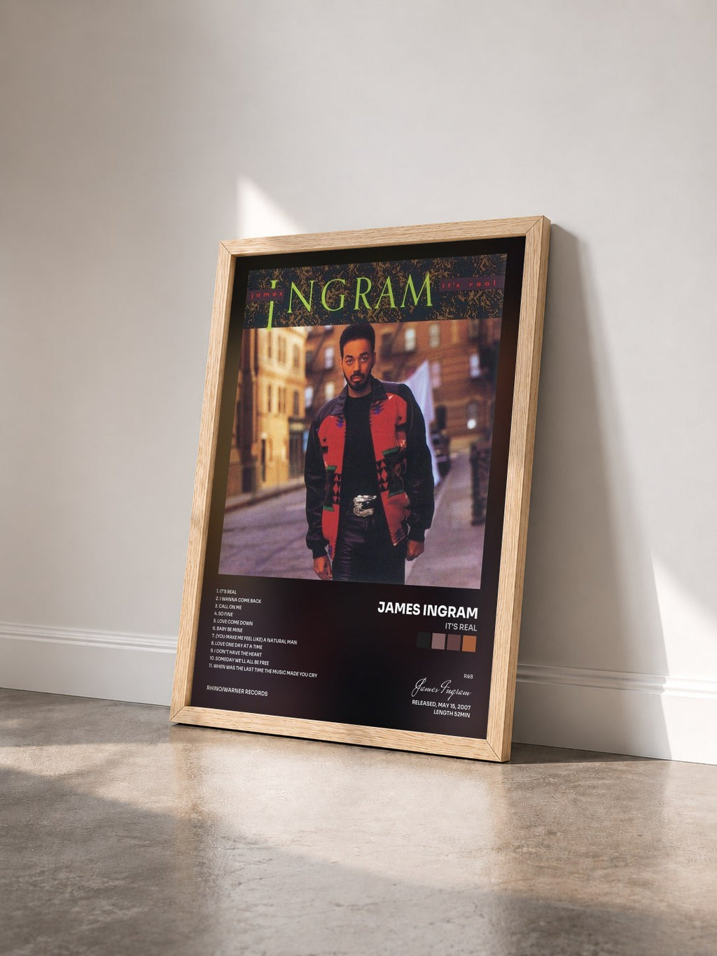 #bois Tableau de l'album It's Real de James Ingram vu de trois quarts, cadre en bois brut