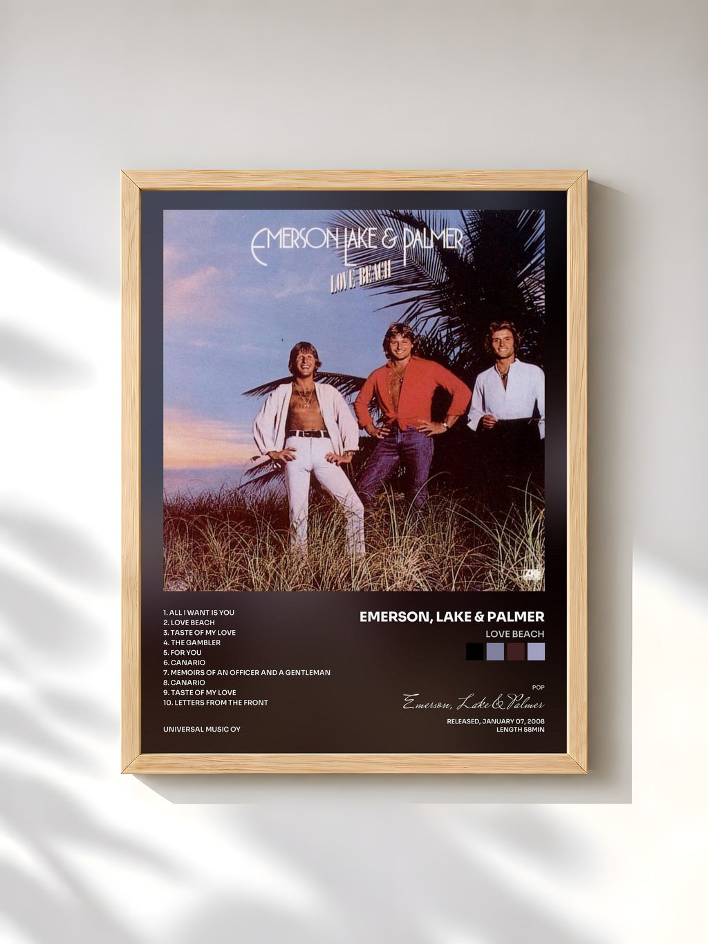 #bois Tableau de l'album Love Beach de Emerson, Lake & Palmer, cadre en bois brut, imprimé et encadré en France
