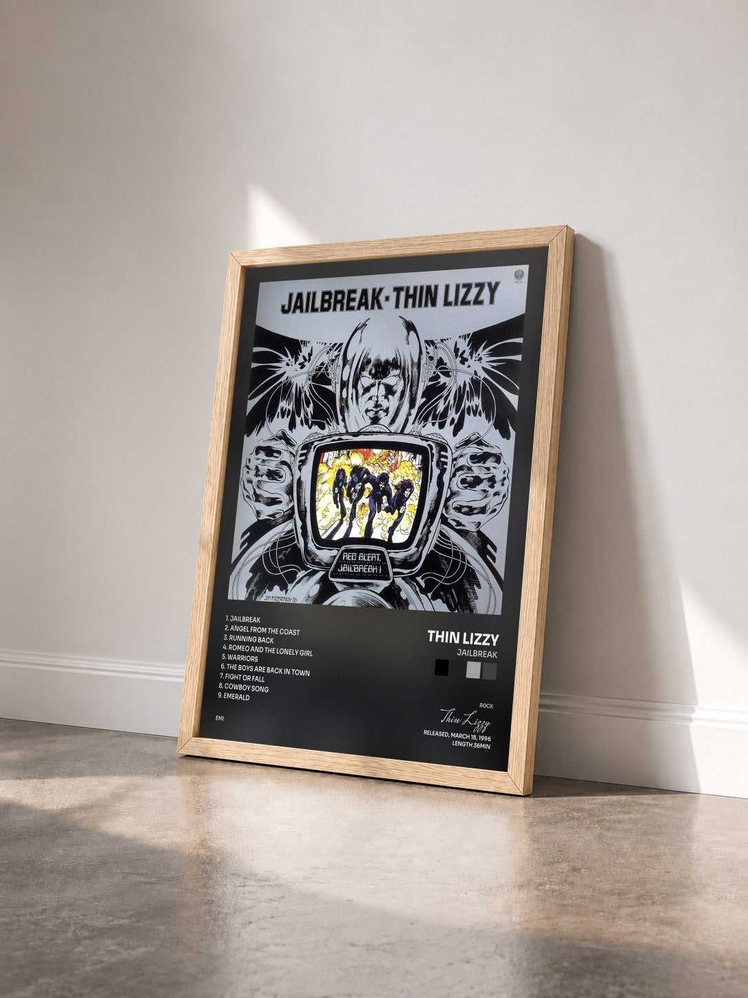 #bois Tableau de l'album Jailbreak de Thin Lizzy vu de trois quarts, cadre en bois brut