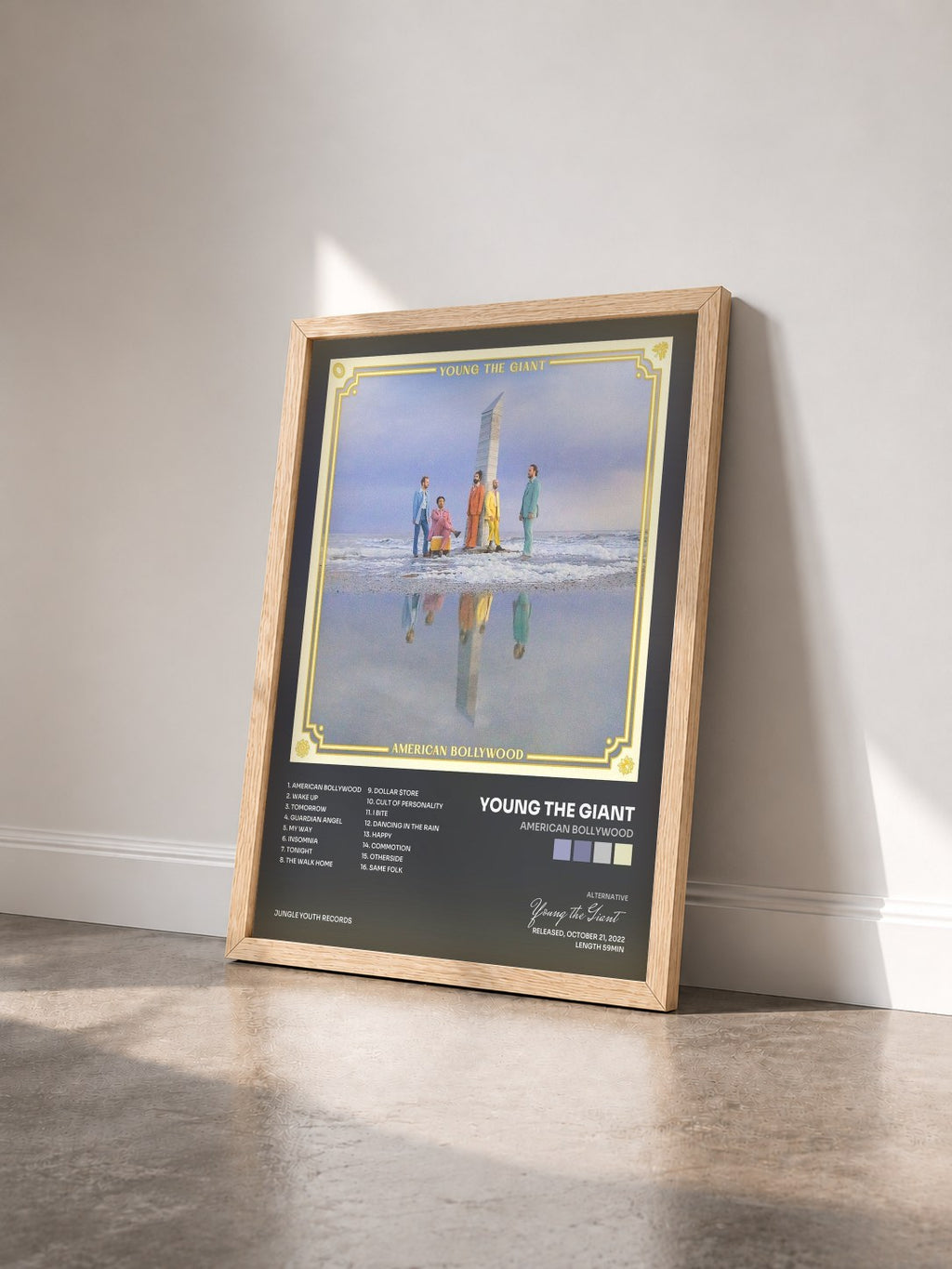 #bois Tableau de l'album American Bollywood de Young the Giant vu de trois quarts, cadre en bois brut
