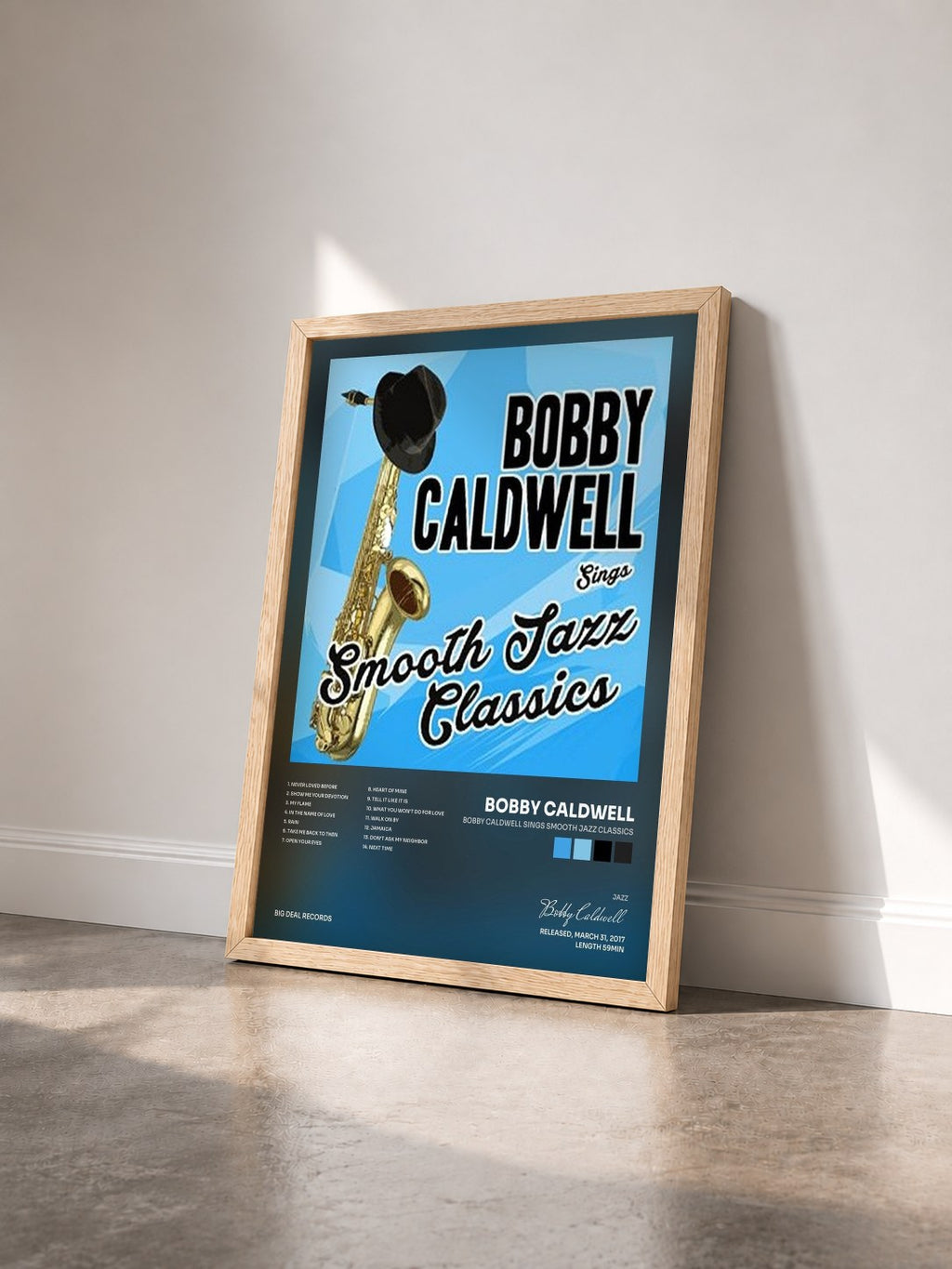 #bois Tableau de l'album Bobby Caldwell Sings Smooth Jazz Classics de Bobby Caldwell vu de trois quarts, cadre en bois brut