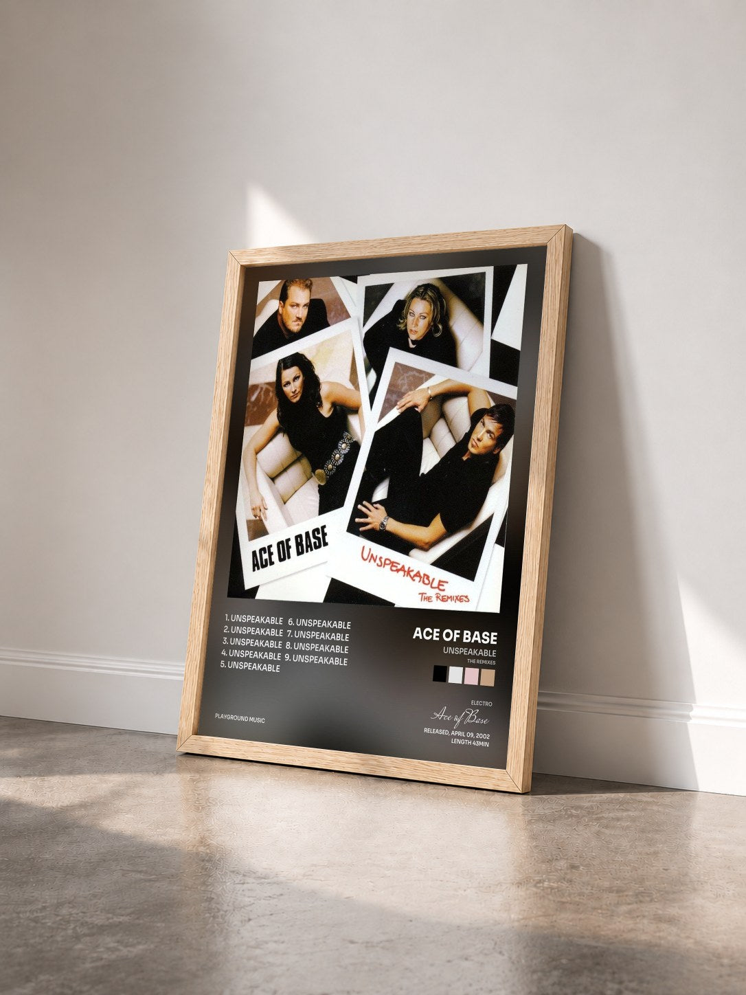 #bois Tableau de l'album Unspeakable (The Remixes) de Ace of Base vu de trois quarts, cadre en bois brut