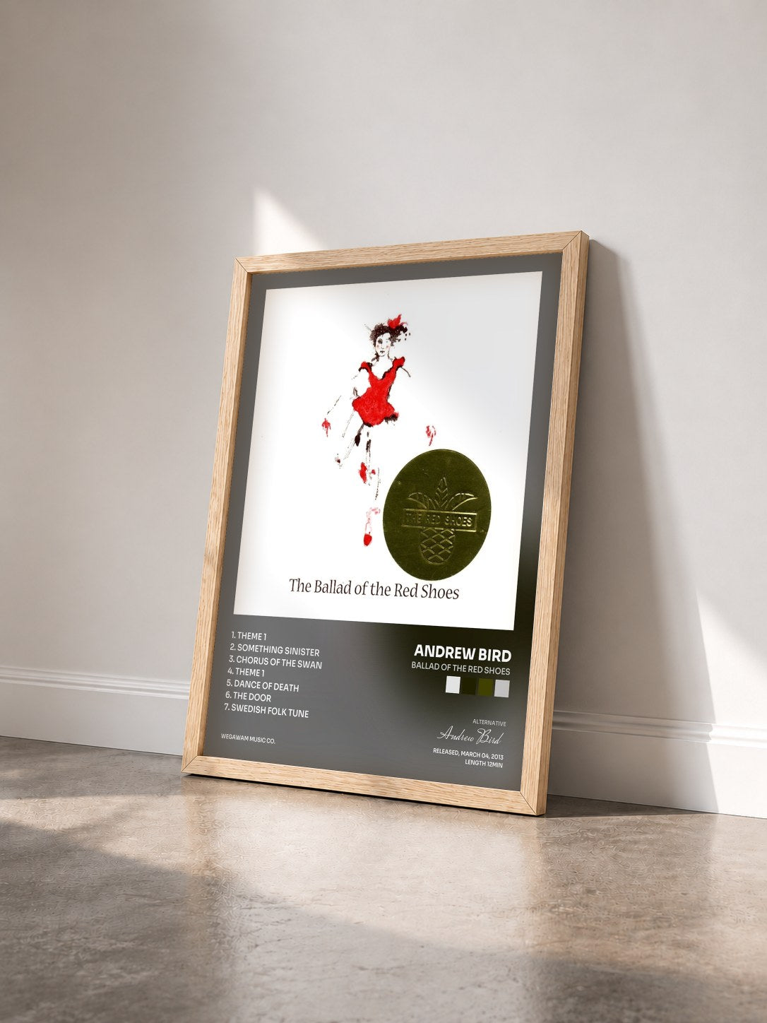 #bois Tableau de l'album Ballad of the Red Shoes de Andrew Bird vu de trois quarts, cadre en bois brut