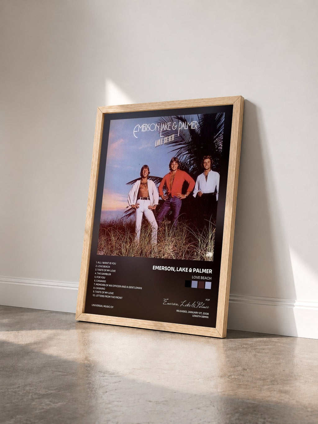 #bois Tableau de l'album Love Beach de Emerson, Lake & Palmer vu de trois quarts, cadre en bois brut