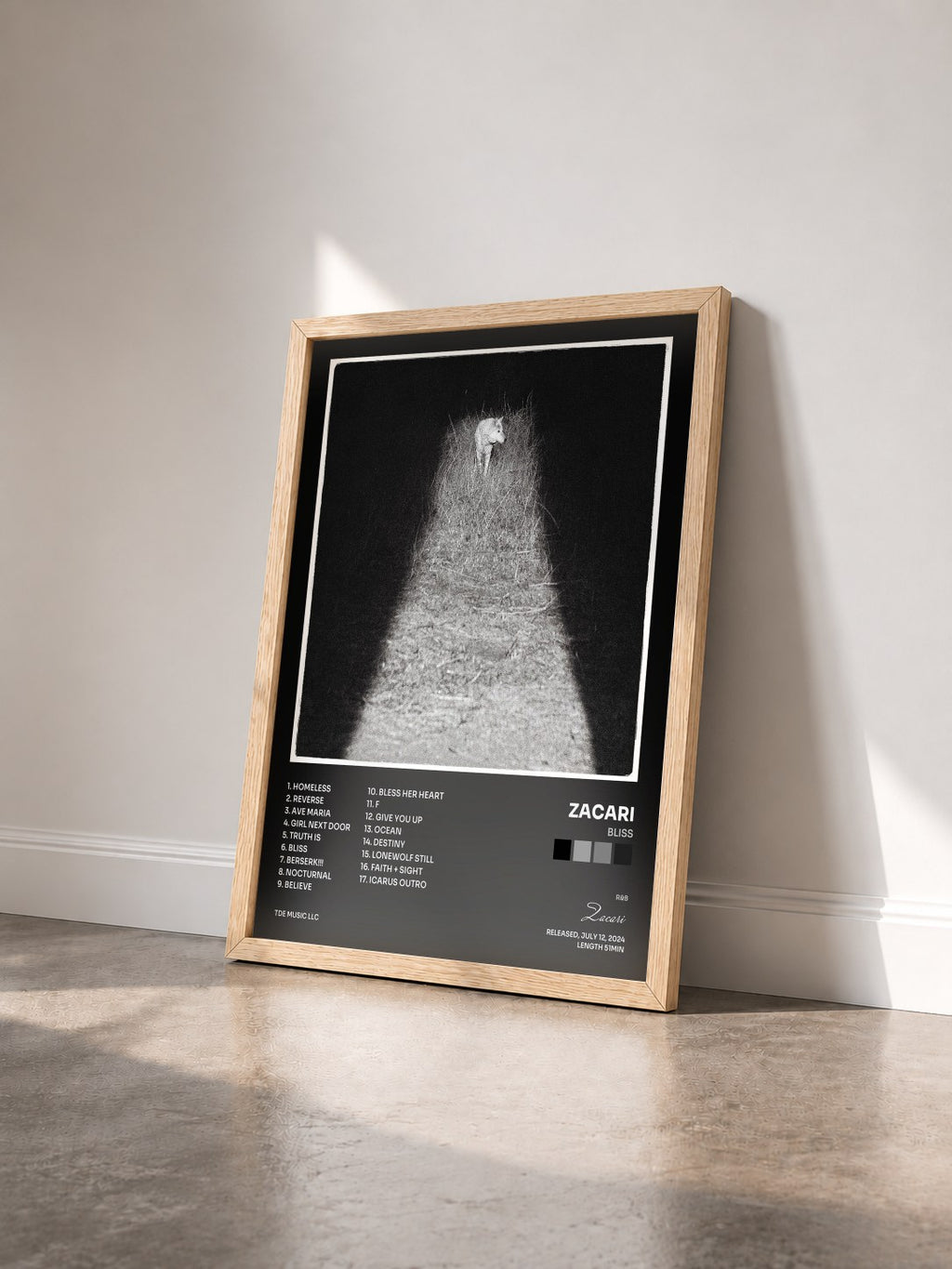 #bois Tableau de l'album Bliss de Zacari vu de trois quarts, cadre en bois brut