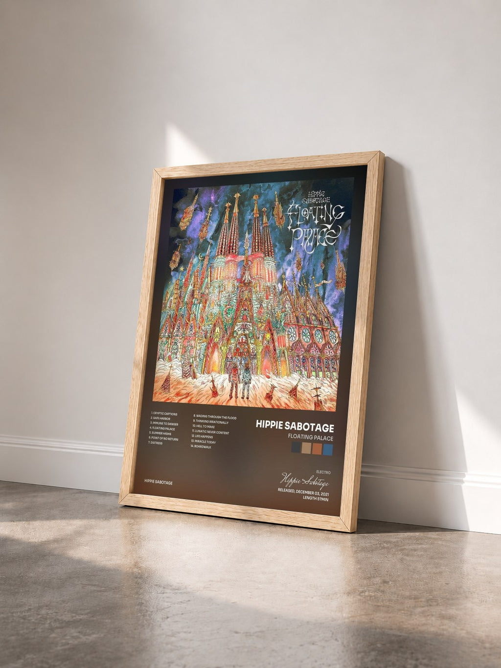#bois Tableau de l'album Floating Palace de Hippie Sabotage vu de trois quarts, cadre en bois brut