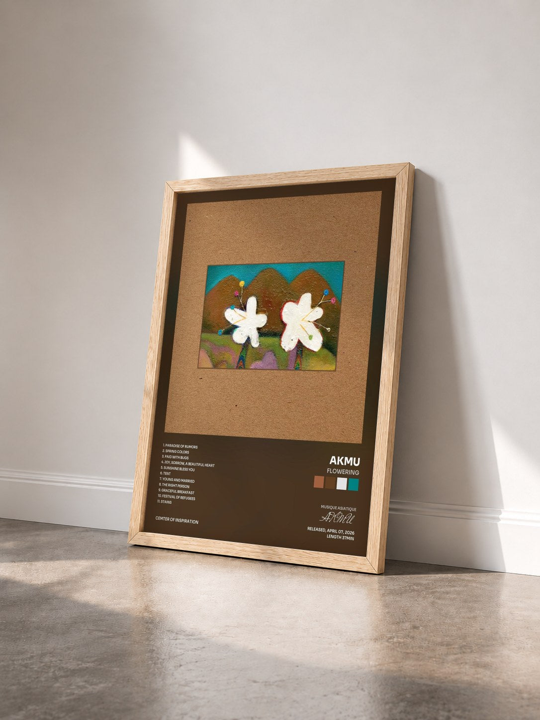 #bois Tableau de l'album FLOWERING de AKMU vu de trois quarts, cadre en bois brut