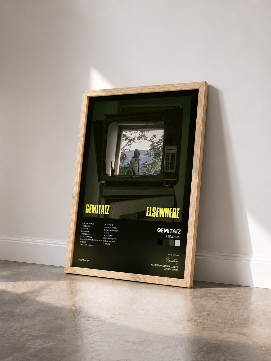 #bois Tableau de l'album ELSEWHERE de Gemitaiz vu de trois quarts, cadre en bois brut
