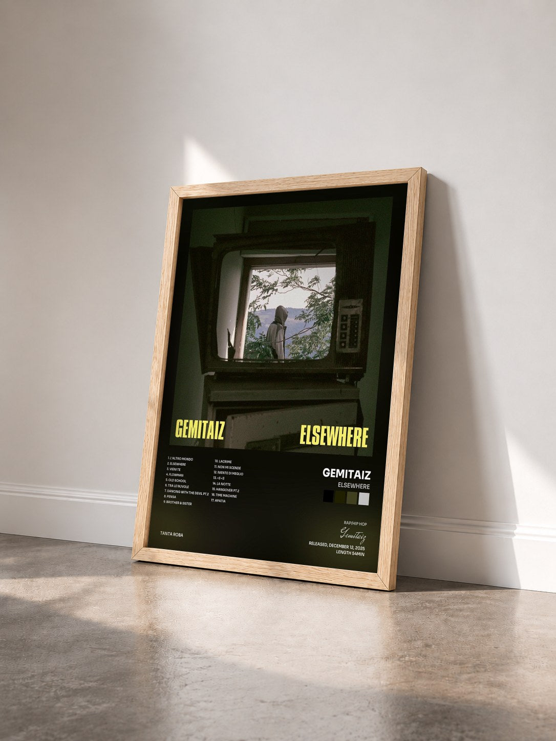 #bois Tableau de l'album ELSEWHERE de Gemitaiz vu de trois quarts, cadre en bois brut