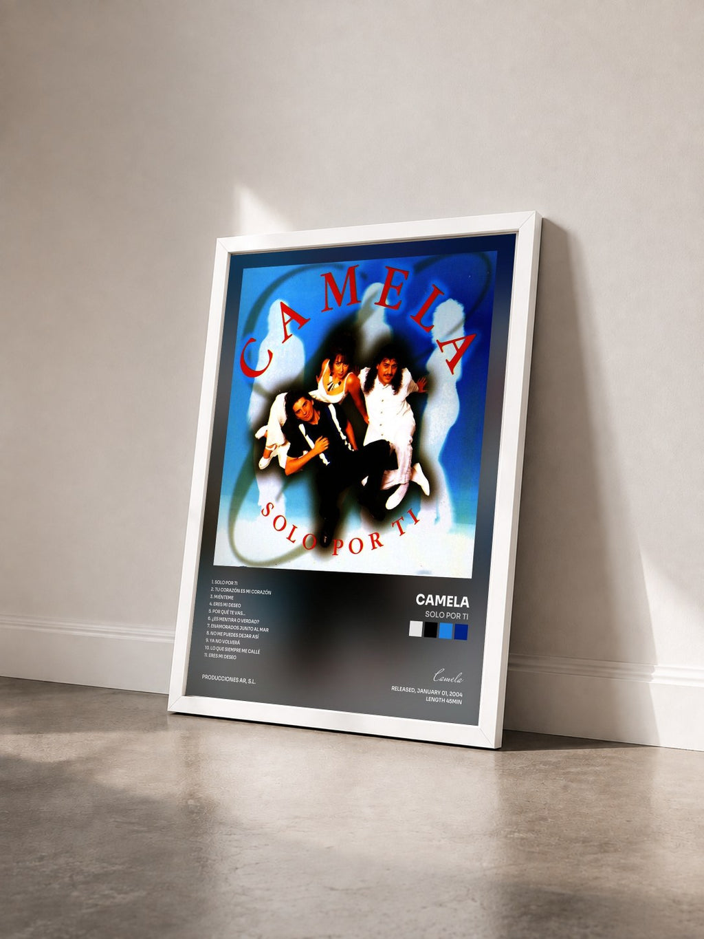 #blanc Tableau de l'album Solo por Ti de Camela vu de trois quarts, cadre blanc