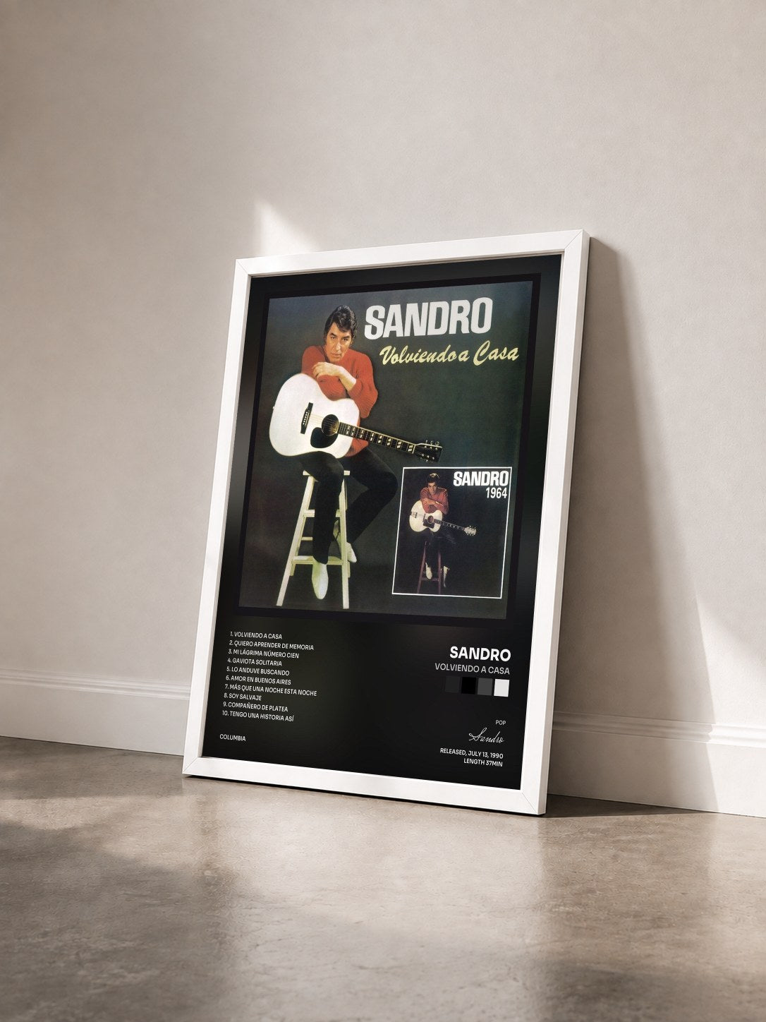 #blanc Tableau de l'album Volviendo a Casa de Sandro vu de trois quarts, cadre blanc