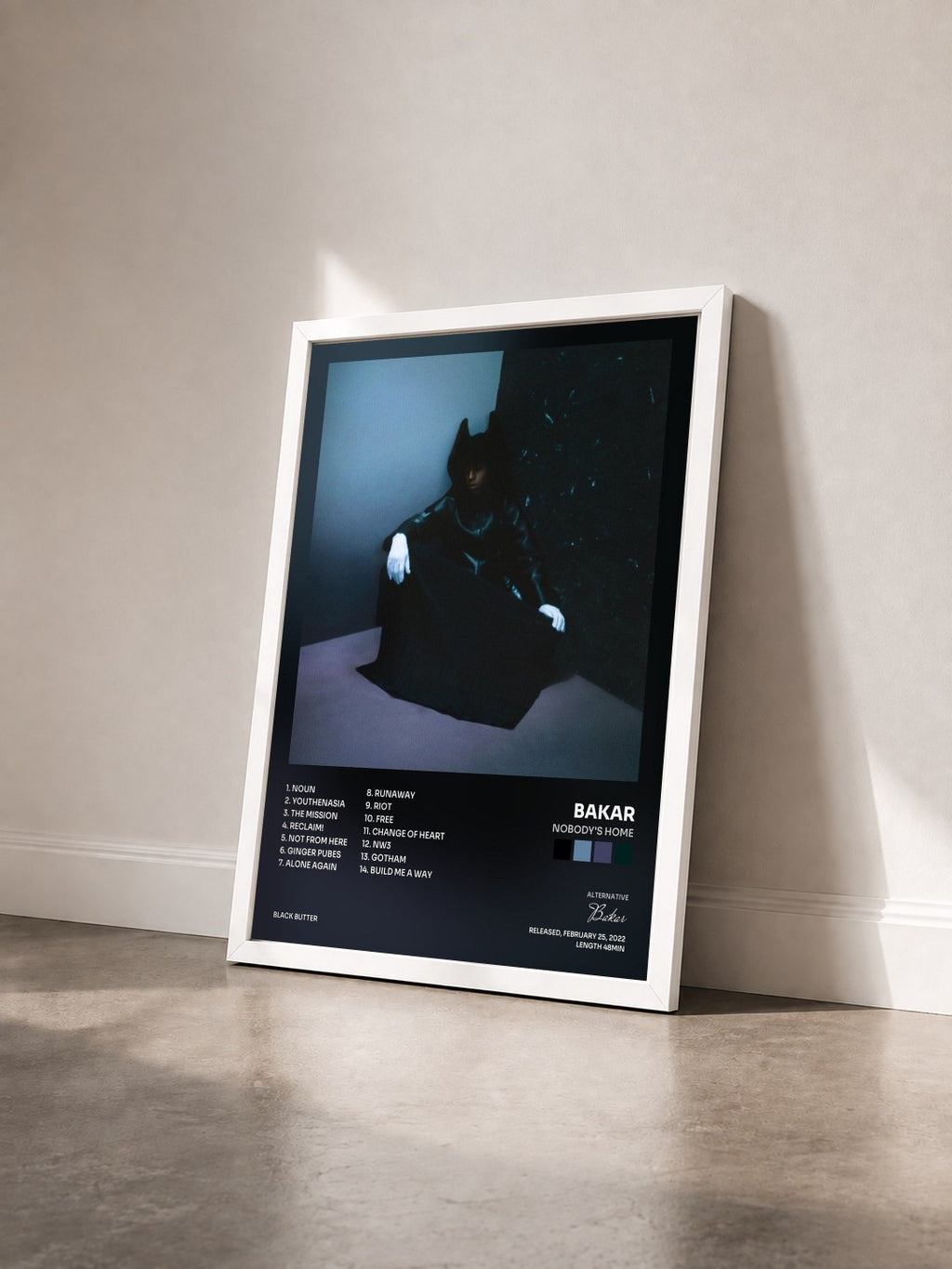 #blanc Tableau de l'album Nobody's Home de Bakar vu de trois quarts, cadre blanc