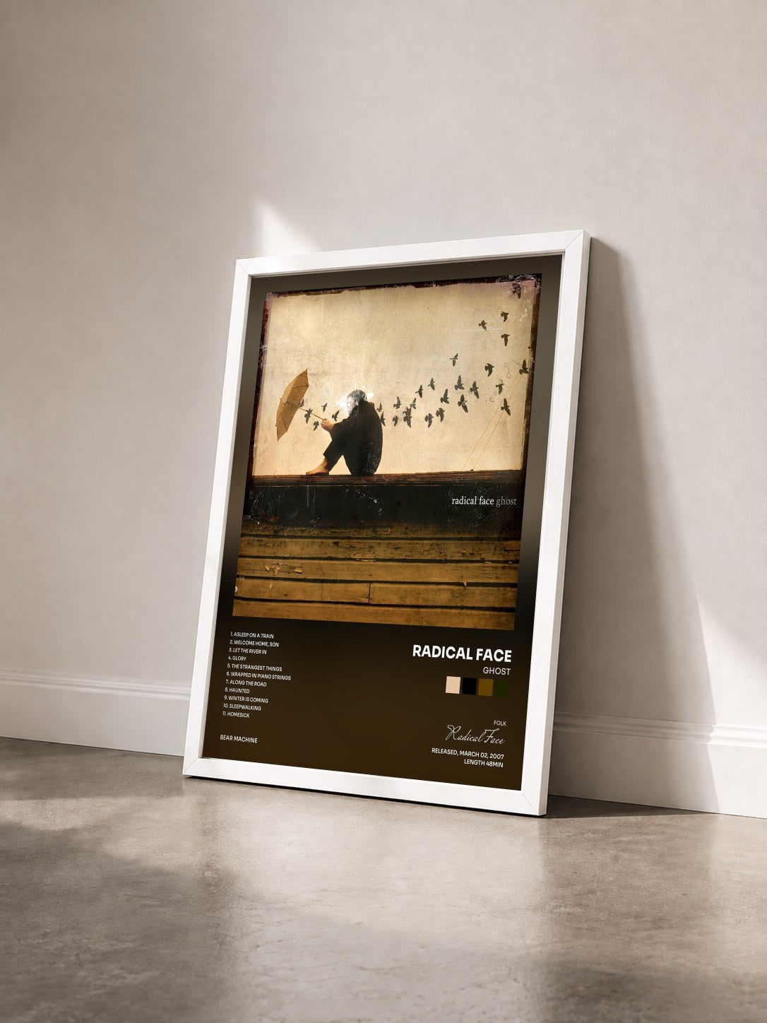 #blanc Tableau de l'album Ghost de Radical Face vu de trois quarts, cadre blanc