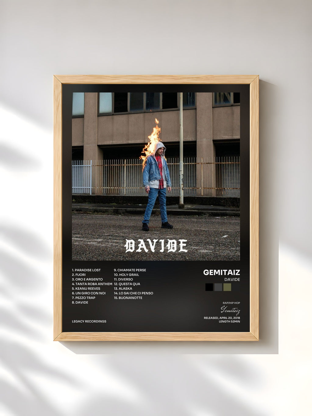 #bois Tableau de l'album Davide de Gemitaiz, cadre en bois brut, imprimé et encadré en France