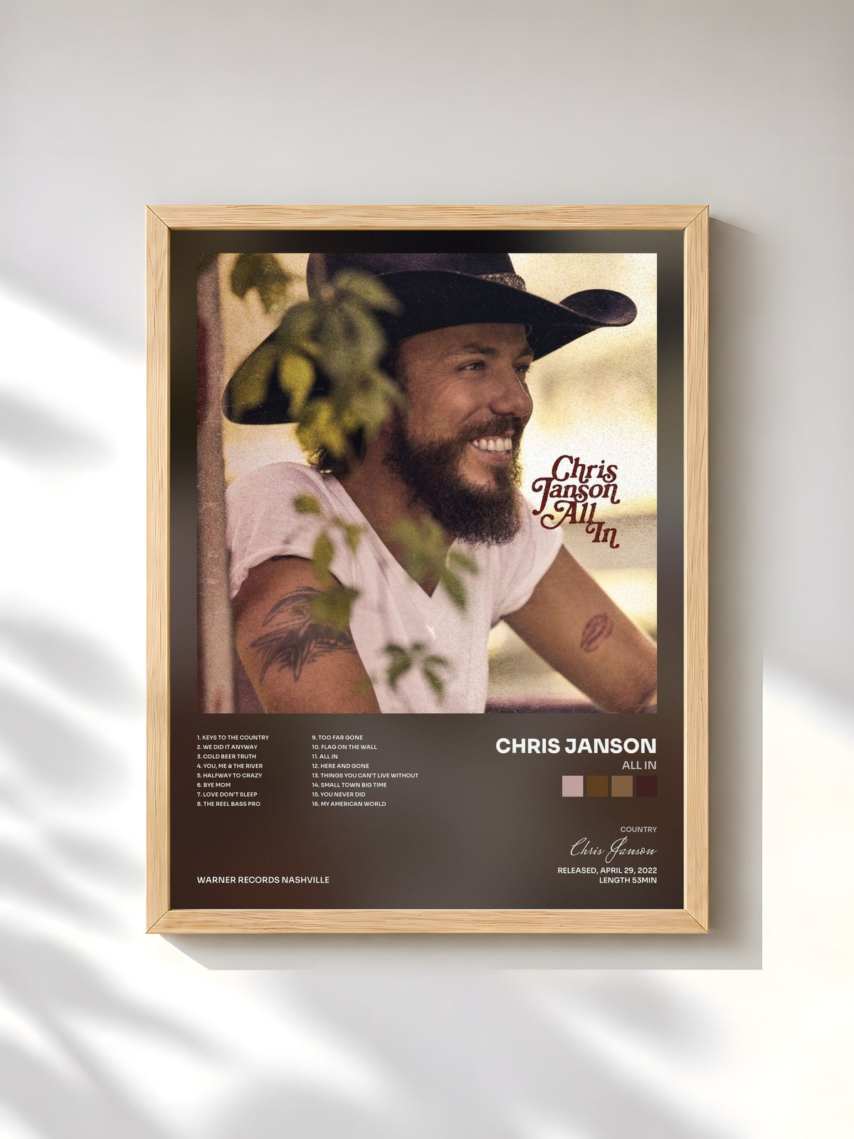 #bois Tableau de l'album All In de Chris Janson, cadre en bois brut, imprimé et encadré en France