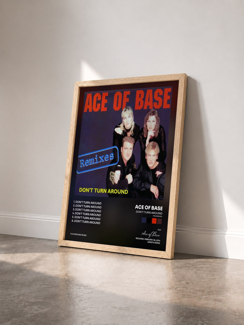 #bois Tableau de l'album Don't Turn Around (The Remixes) de Ace of Base vu de trois quarts, cadre en bois brut