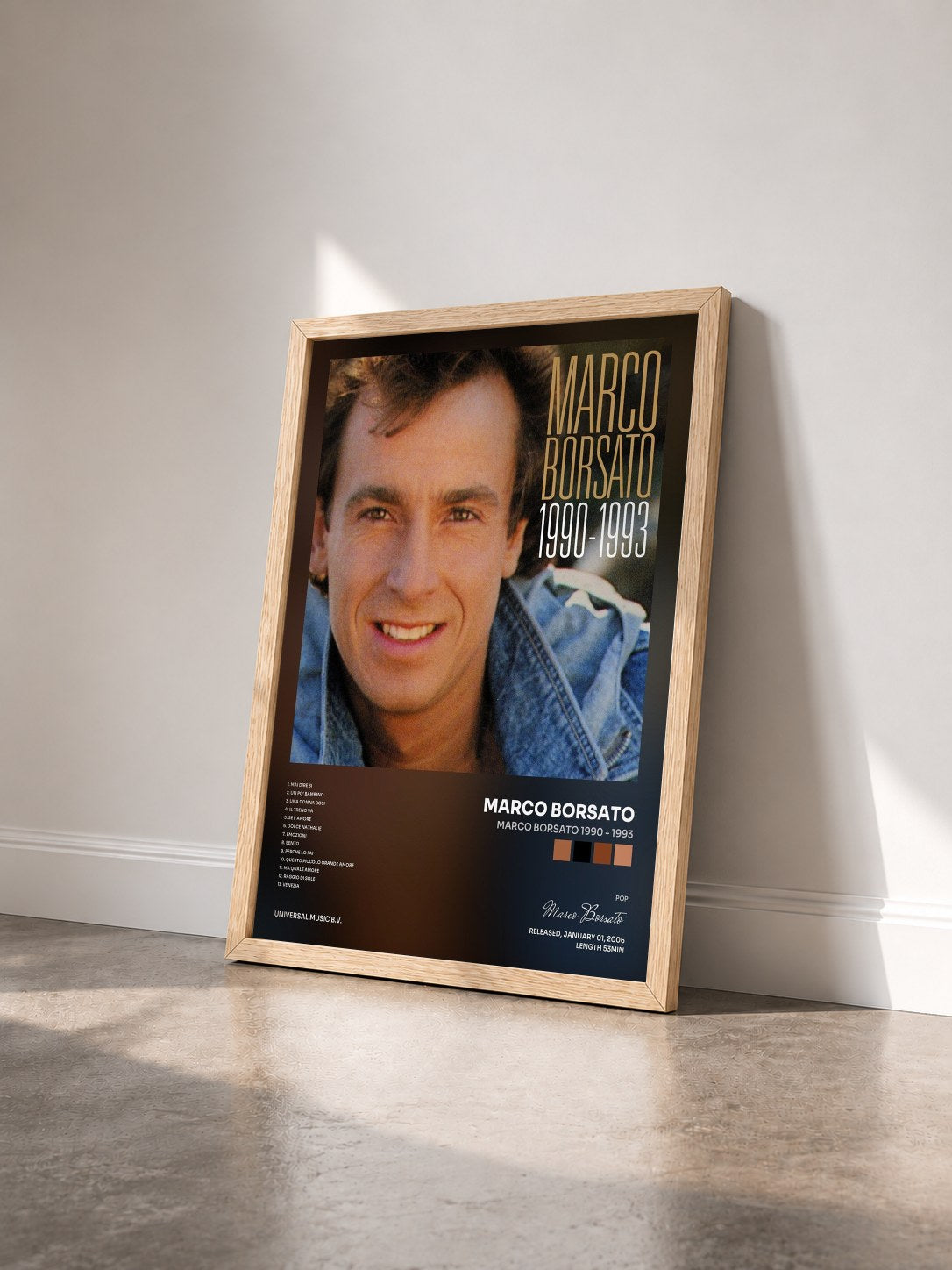 #bois Tableau de l'album Marco Borsato 1990 - 1993 de Marco Borsato vu de trois quarts, cadre en bois brut