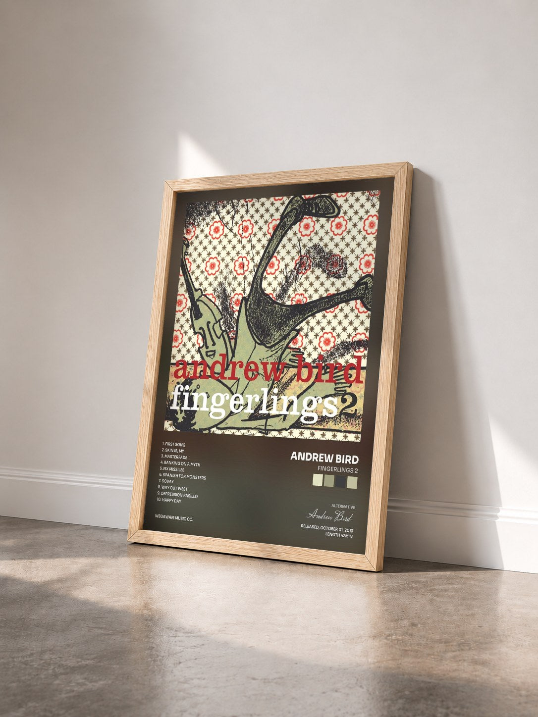 #bois Tableau de l'album Fingerlings 2 de Andrew Bird vu de trois quarts, cadre en bois brut