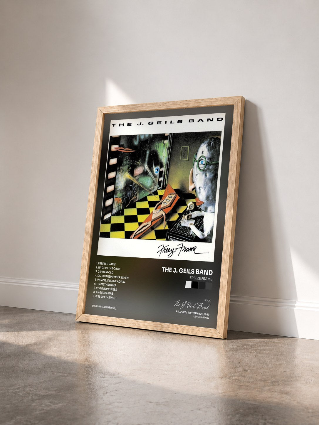 #bois Tableau de l'album Freeze Frame de The J. Geils Band vu de trois quarts, cadre en bois brut