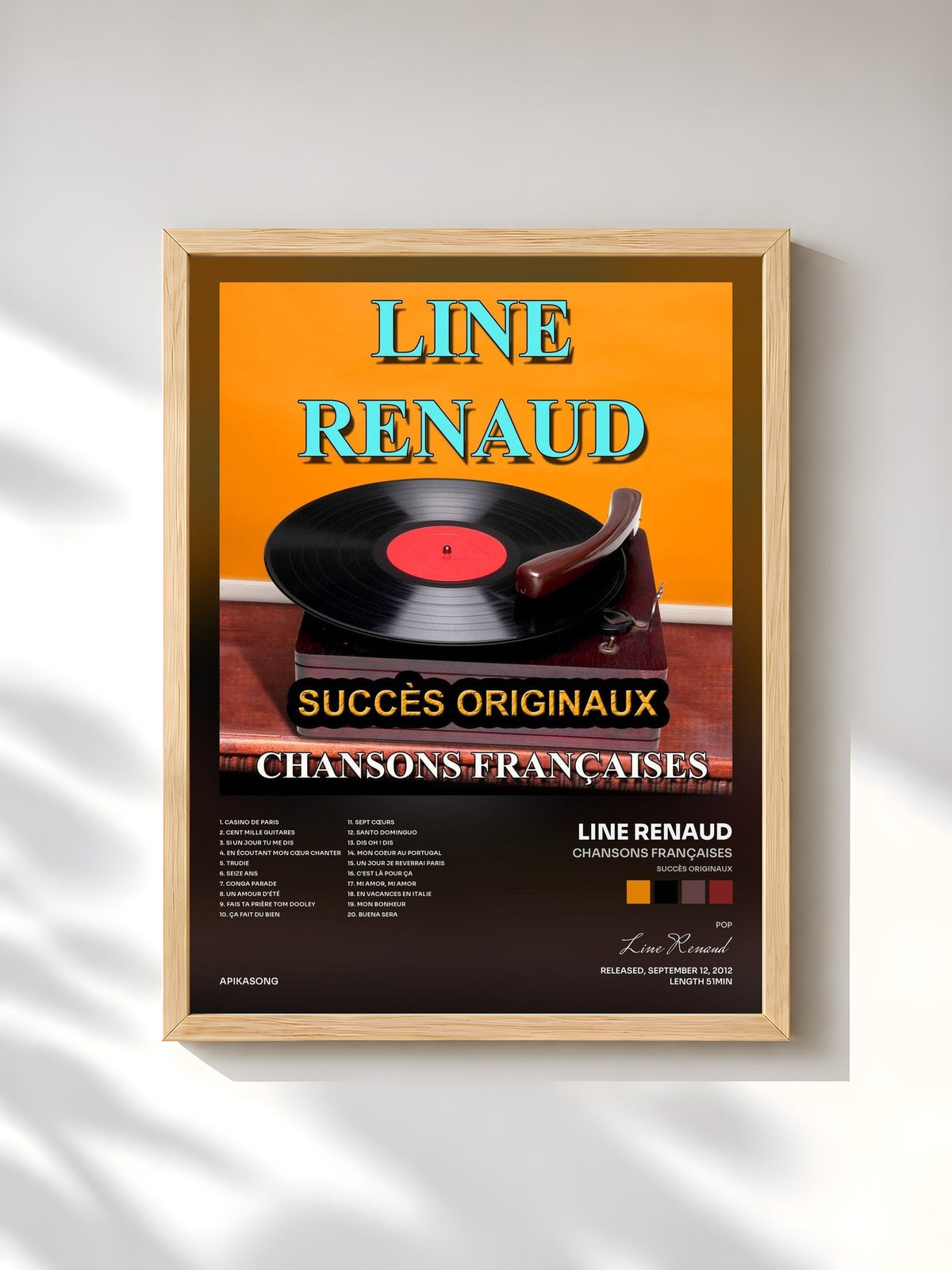#bois Tableau de l'album Chansons françaises (Succès originaux) de Line Renaud, cadre en bois brut, imprimé et encadré en France