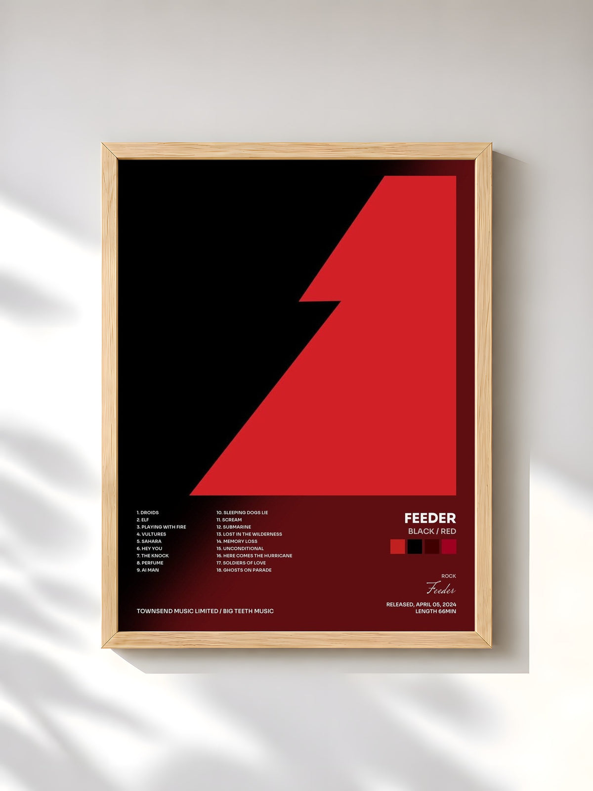 #bois Tableau de l'album Black / Red de Feeder, cadre en bois brut, imprimé et encadré en France