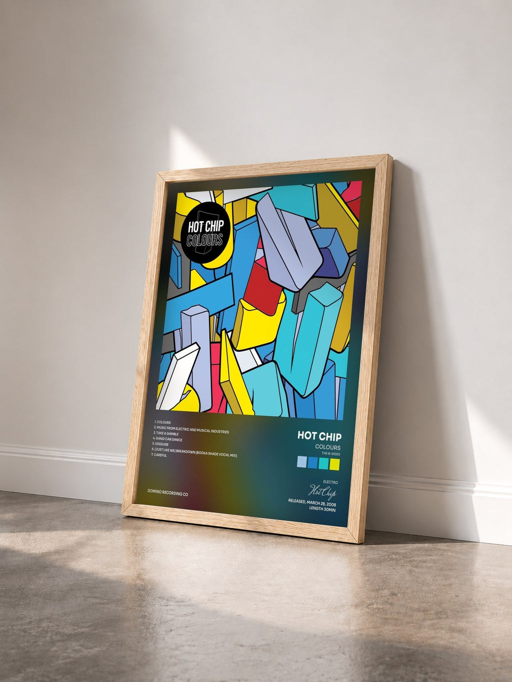 #bois Tableau de l'album Colours (The B-Sides) de Hot Chip vu de trois quarts, cadre en bois brut