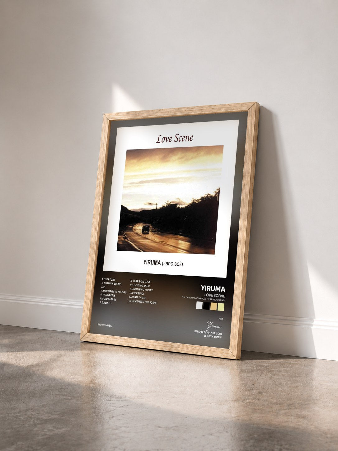#bois Tableau de l'album Love Scene (The Original & the Very First Recording) de Yiruma vu de trois quarts, cadre en bois brut