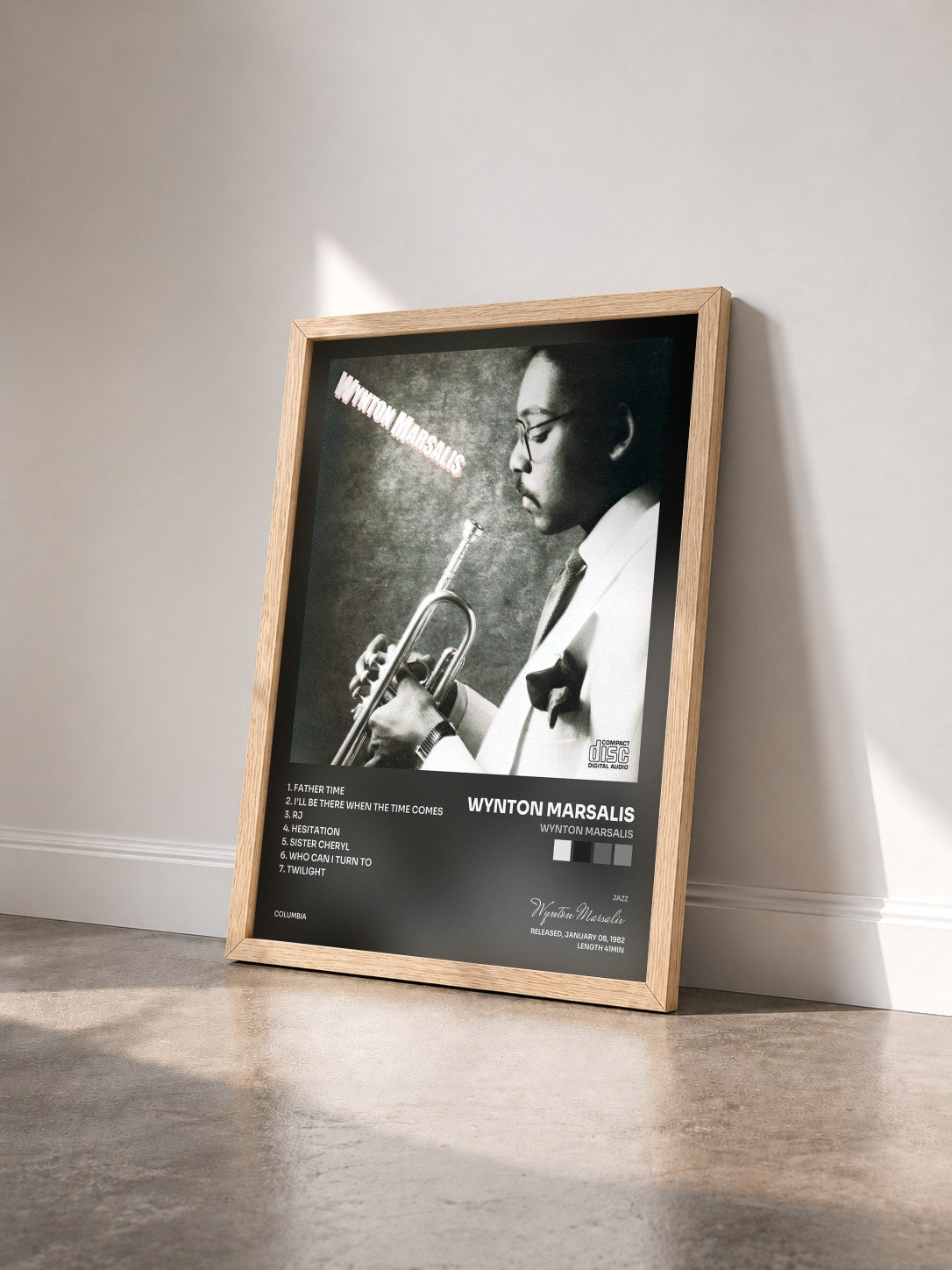 #bois Tableau de l'album Wynton Marsalis de Wynton Marsalis vu de trois quarts, cadre en bois brut