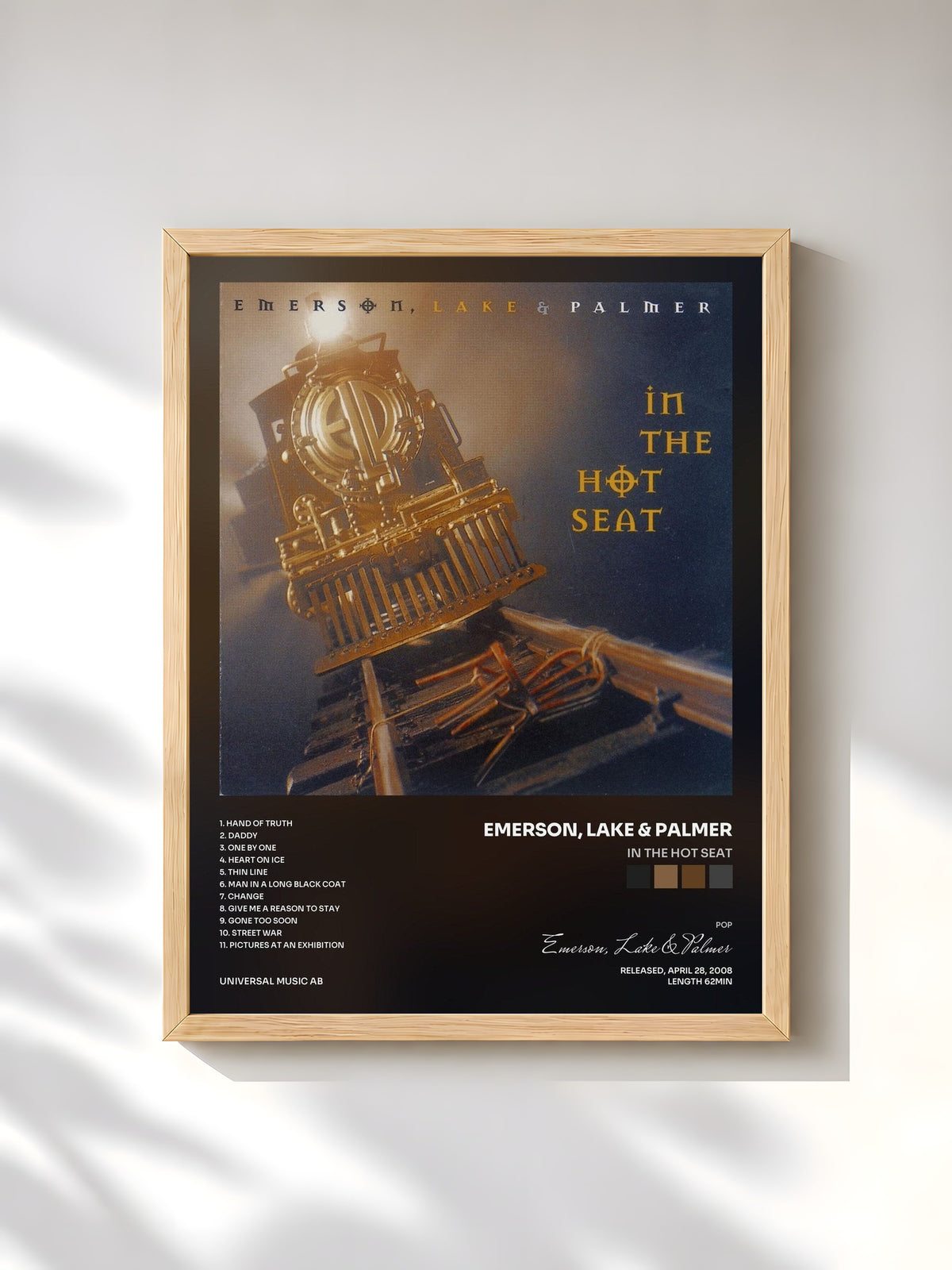 #bois Tableau de l'album In The Hot Seat de Emerson, Lake & Palmer, cadre en bois brut, imprimé et encadré en France