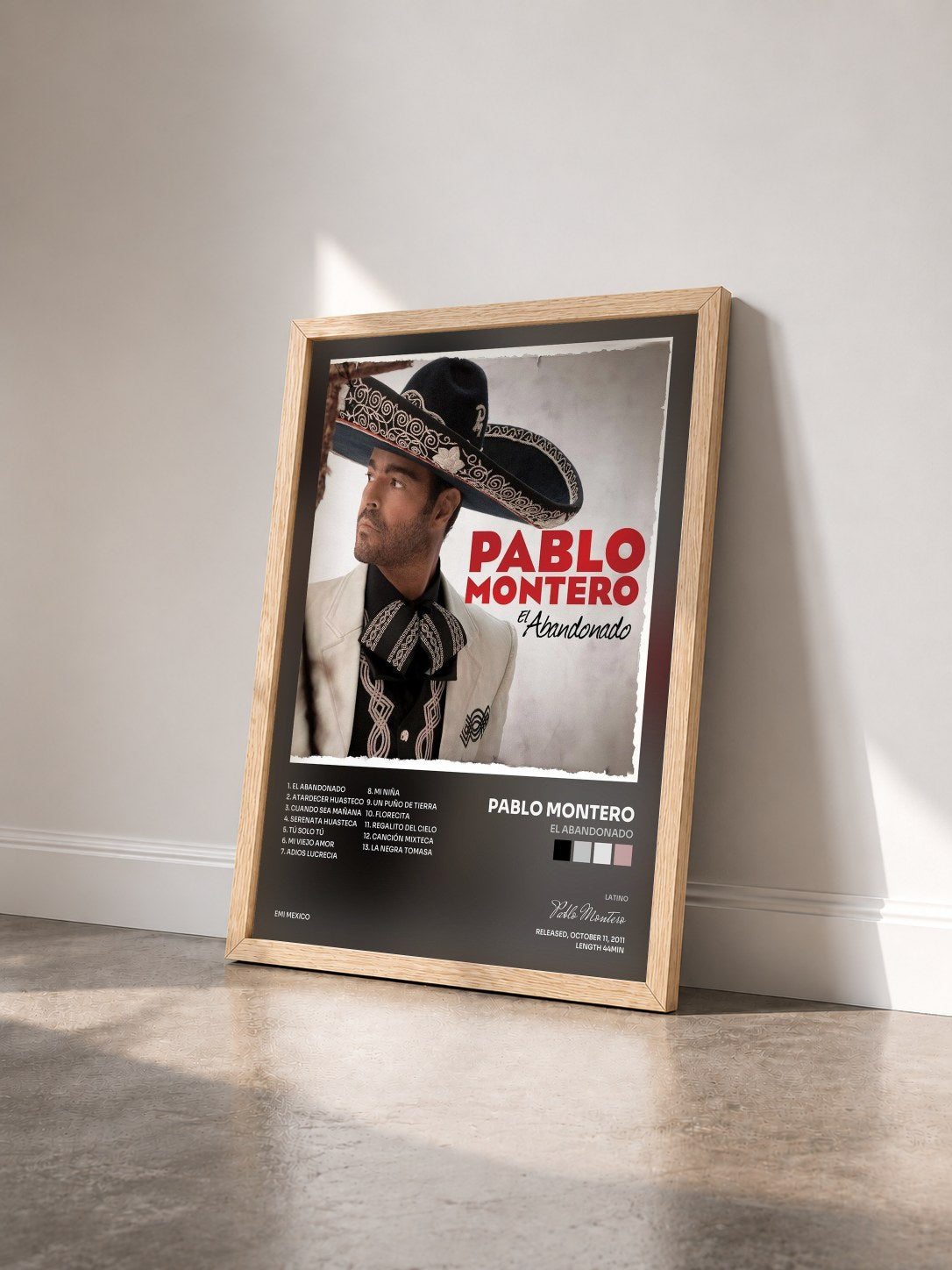 #bois Tableau de l'album El Abandonado de Pablo Montero vu de trois quarts, cadre en bois brut