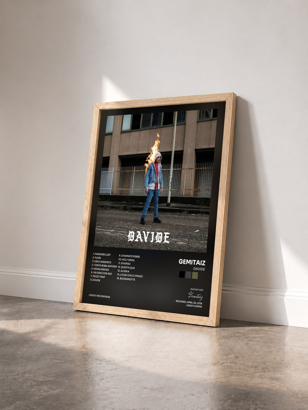 #bois Tableau de l'album Davide de Gemitaiz vu de trois quarts, cadre en bois brut