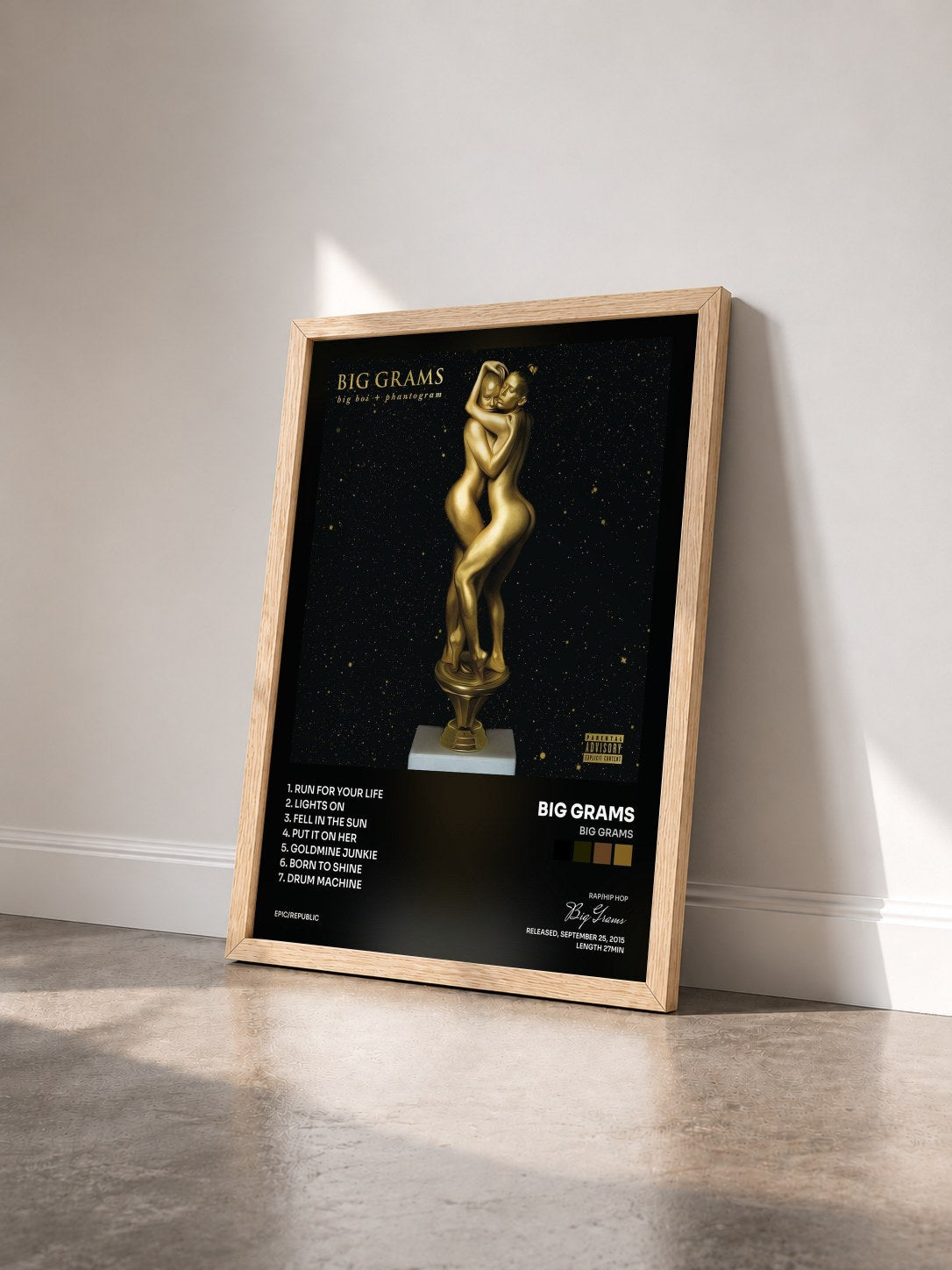 #bois Tableau de l'album Big Grams de Big Grams vu de trois quarts, cadre en bois brut