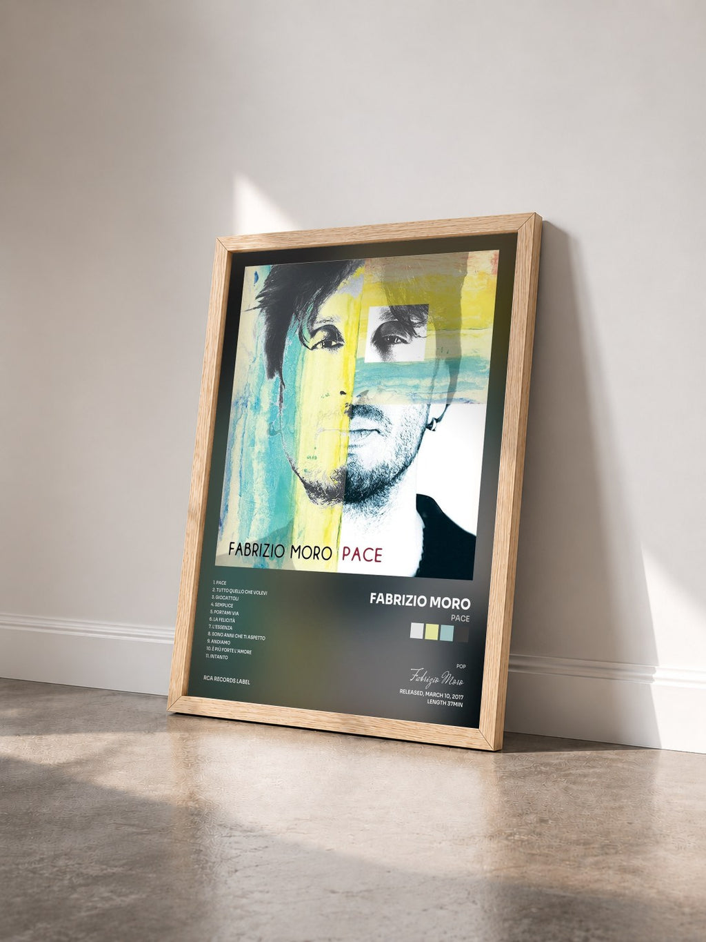 #bois Tableau de l'album Pace de Fabrizio Moro vu de trois quarts, cadre en bois brut
